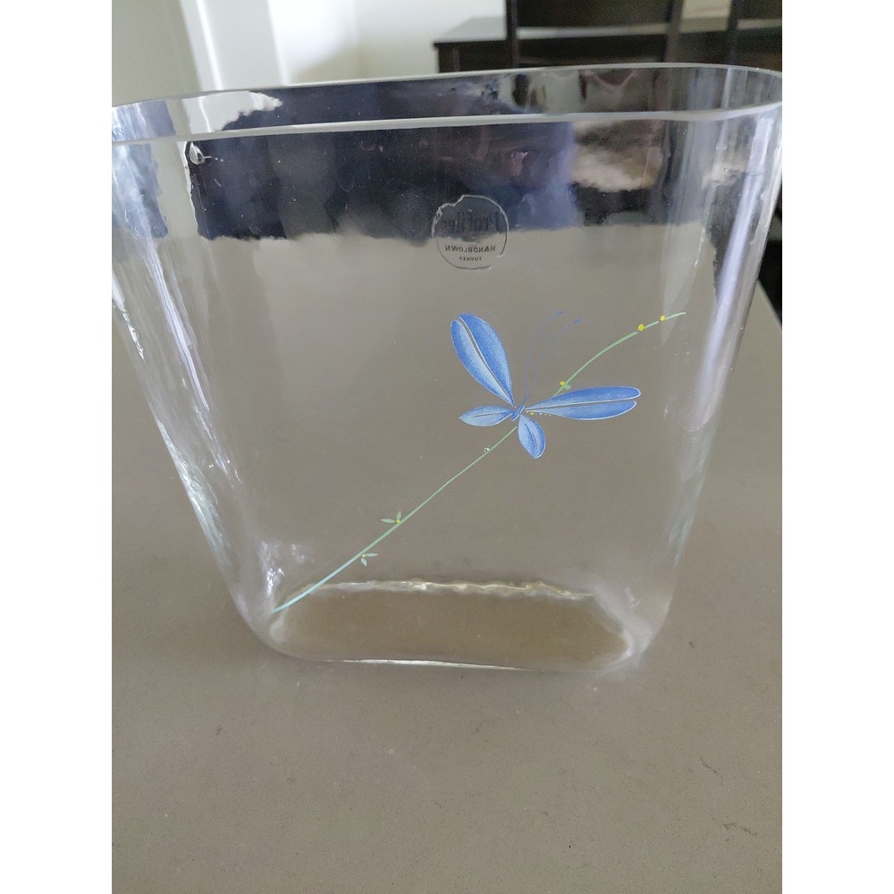 Vtg Profiles Turkish Clear Glass Slim Oval Vase Butterfly Floral Hand Blown